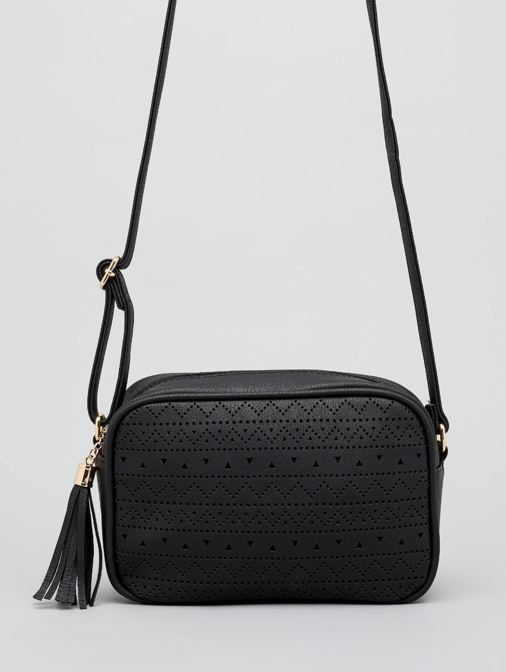 Black Vegan Leather Perforated Crossbody Bag - Classic Women's Shoulder Bag